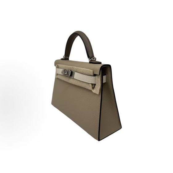 HERMES Mini Kelly II 19 Silver buckle Kelly Bag single-shoulder crossbody handbag 19 Women\'s windbreaker Grey, cream white and elephant grey